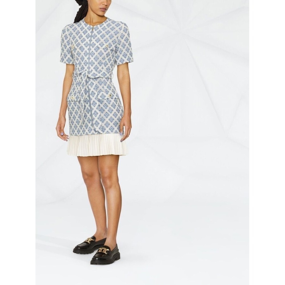 Sandro Blue White Heart Logo Jacquard Zip Front Pleated Mini Dress Size 38/M - Picture 13 of 13